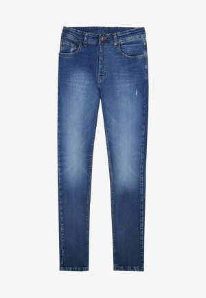 Blue slim-fit jeans with slight fading and a small distressed detail on the front right thigh, featuring front and back pockets and a button closure.