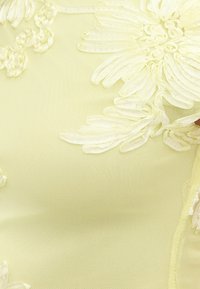 Gros plan sur un tissu transparent jaune pâle avec de délicates applications en dentelle florale brodée.