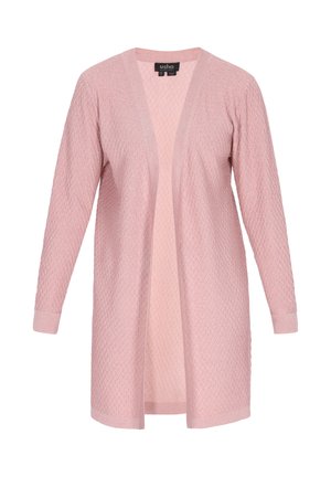 Cardigan lungo rosa chiaro aperto sul davanti con motivo a diamante strutturato e maniche lunghe.