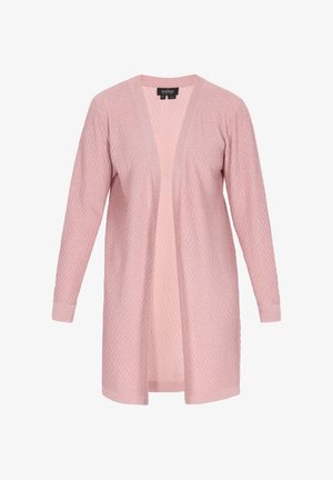 Cardigan lungo rosa chiaro aperto sul davanti con motivo a diamante strutturato e maniche lunghe.