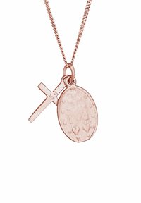 Rosagulds halskæde med en tekstureret oval vedhæng og en lille, poleret korsvedhæng, begge hængende fra en fin kæde.