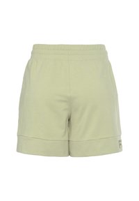 Light green sporty shorts made of soft fabric. Features an elastic waistband and side pockets, with a logo printed on the lower leg.