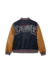 Marine satin bomberjack met bruine synthetische leren mouwen. Witte en bordeauxrode gestreepte boorden. "New York League Athletics" geborduurd op de achterkant.