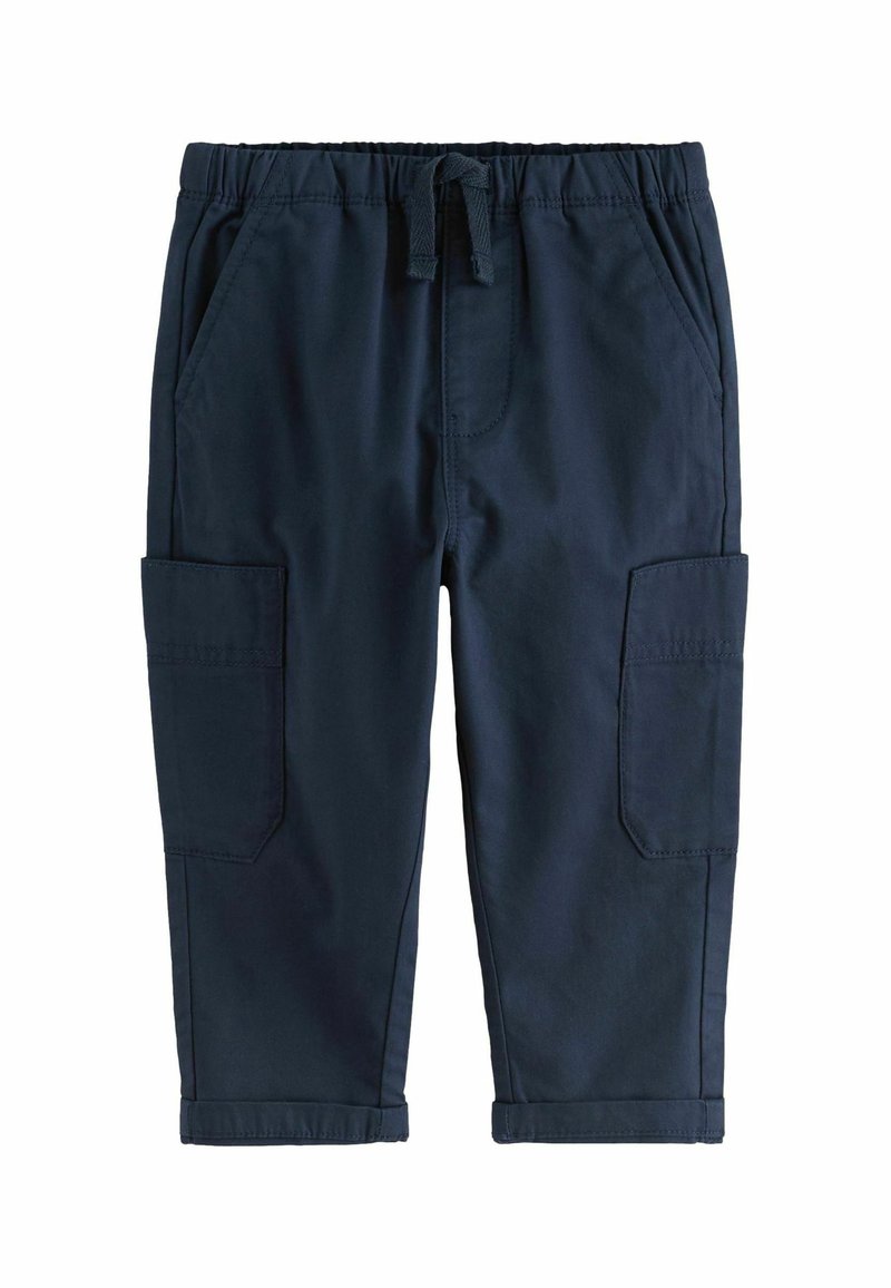 Pantalon cargo bleu marine pour tout-petit avec une taille élastique, un cordon, des poches latérales et des poignets ajustables.