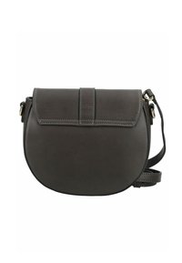 Borsa a tracolla in pelle marrone scuro con forma arrotondata, chiusura a pattina, dettagli cuciti e tracolla regolabile con anelli in metallo.
