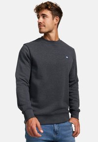 Dunkelgrauer Sweatshirt aus Baumwollmischung. Mit Rundhalsausschnitt, langen Ärmeln, gerippten Bündchen und einem kleinen blauen Logo auf der Brust.