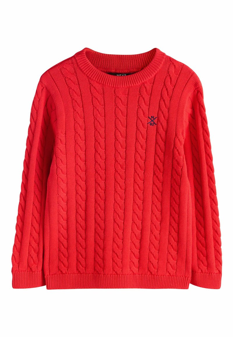 Punane koiotud kampsun, millel on nöörkootud muster, ümar kaelus, ribadest varrukad ja äär. Ees on väike logo tikand.