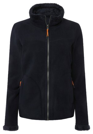 Giacca in pile blu navale con cappuccio, dotata di zip frontale, dettagli arancioni, due tasche laterali e rivestimento in peluche intorno al collo e ai polsini.