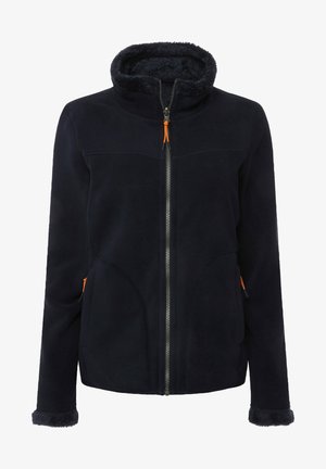 Granatowa polarowa kurtka z kapturem, z zamkiem z przodu, pomarańczowymi akcentami, dwoma kieszeniami bocznymi oraz pluszowym wykończeniem przy kołnierzu i mankietach.