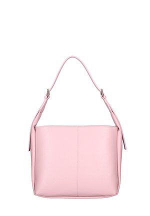 Rosa Lederhandtasche mit glatter Oberfläche, rechteckiger Form, einem Schulterriemen und subtilen Nahtdetails auf der Vorderseite.