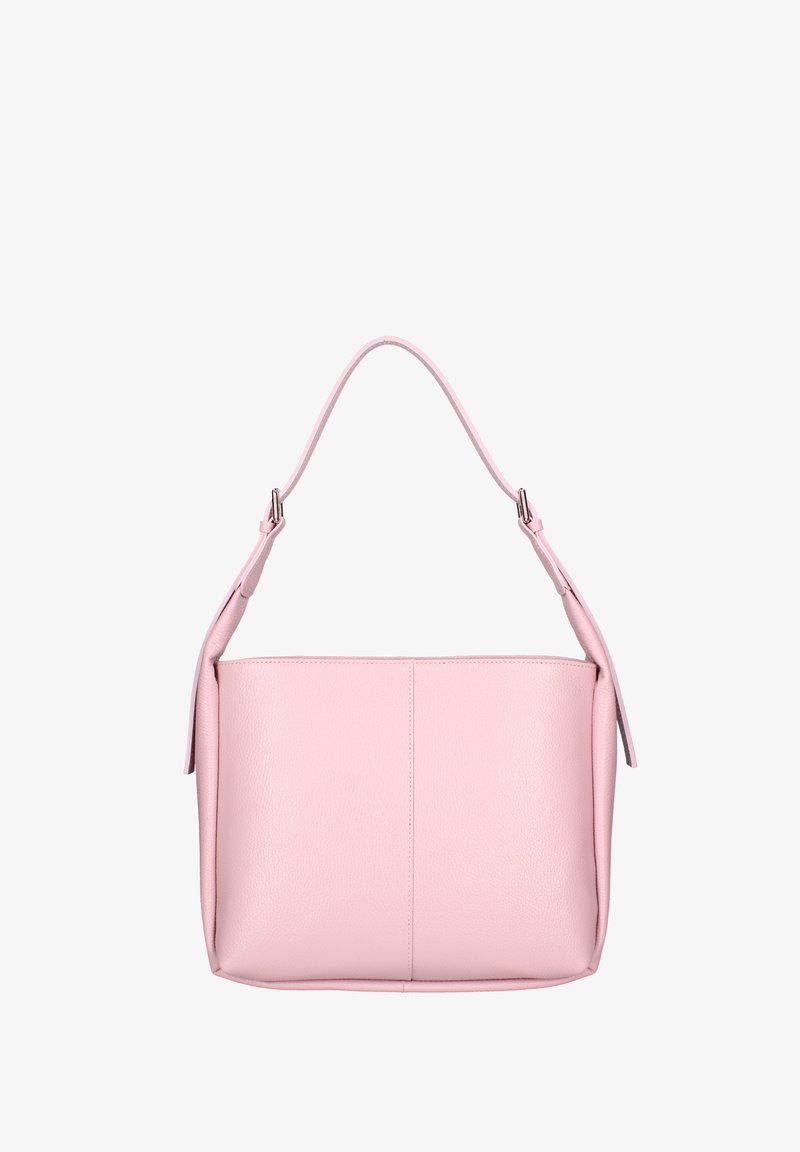 Roze leren handtas met een gladde textuur, rechthoekige vorm, enkele schouderband en subtiele naaddetails aan de voorkant.