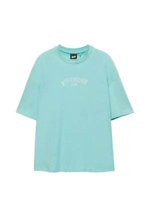 Hellblaues Oversize-T-Shirt mit kurzen Ärmeln und Rundhalsausschnitt, mit weißem Text "EDITION 91" auf der Brust bedruckt.