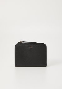 Black leather wallet featuring a textured finish, zip closure, and a gold logo accent. Compact rectangular shape with a slim profile.