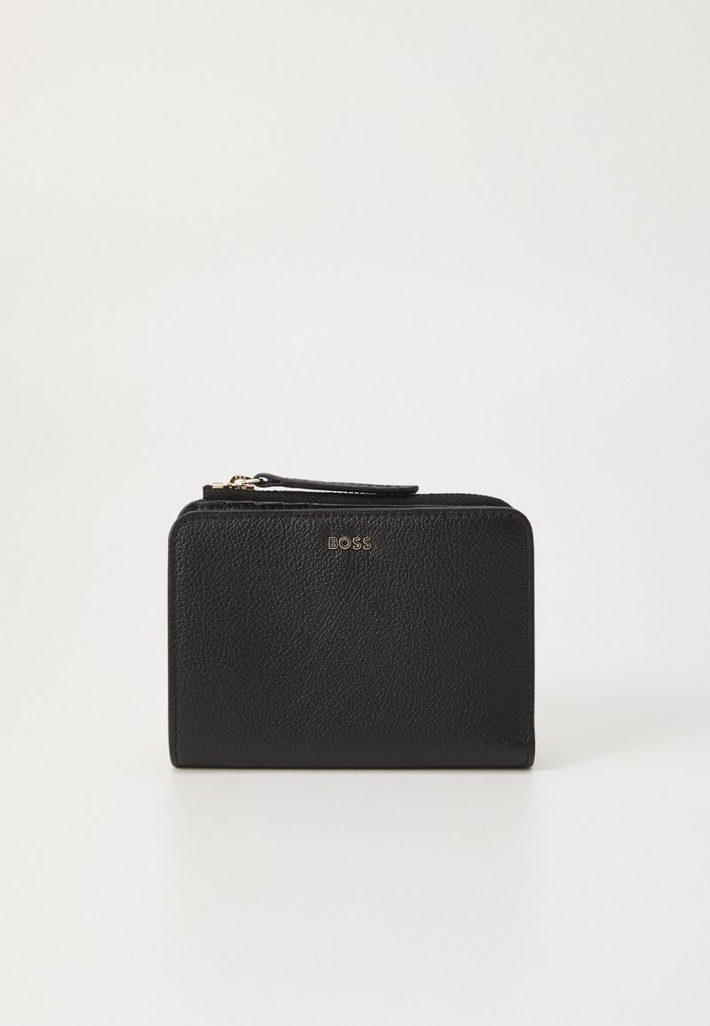 Black leather wallet featuring a textured finish, zip closure, and a gold logo accent. Compact rectangular shape with a slim profile.