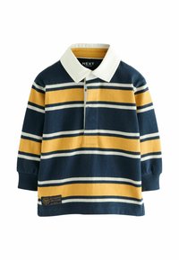 Cămașă polo cu mânecă lungă, cu dungi bleumarin și galbene, guler alb și logo brodat în partea stângă jos. Include o închidere cu nasturi.