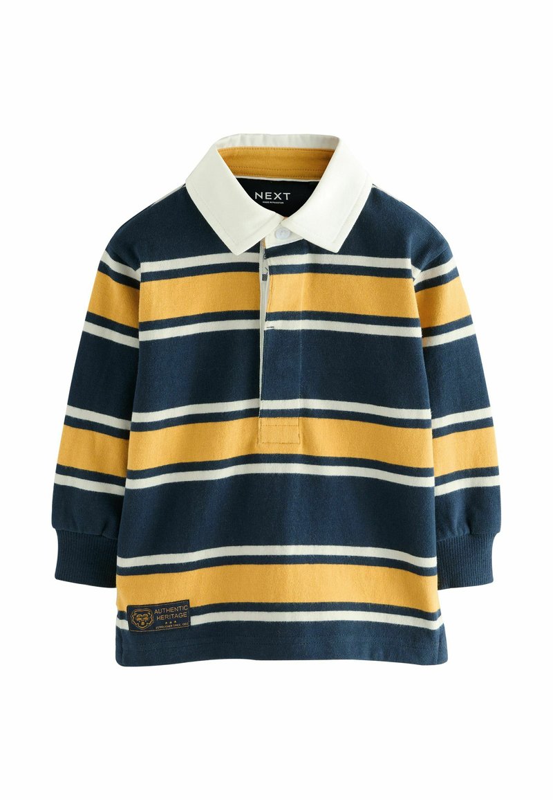 Cămașă polo cu mânecă lungă, cu dungi bleumarin și galbene, guler alb și logo brodat în partea stângă jos. Include o închidere cu nasturi.