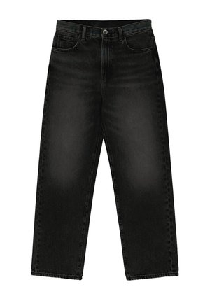 Čierne džínsy z denimu s vysokým pásom, rovný strih nohavíc a klasický päťvreckový dizajn. Majú zapínanie na gombík a pútka na opasok.