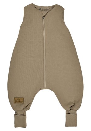 Beige sleeveless child's sleep sack made of textured fabric, featuring a front zipper and elastic cuffs at the ankles for a snug fit.