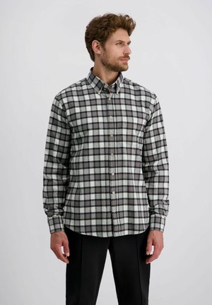 Geruite flanellen overhemd in tinten van grijs, zwart en wit. Heeft een button-down kraag, lange mouwen en een ronde onderkant.