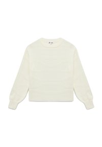 Skrócony biały sweter o teksturowanym splocie, z falistymi wzorami, okrągłym dekoltem i długimi, lekko bufkami rękawami.