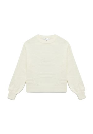 Sudadera blanca corta en un punto texturizado, con patrones ondulados, cuello redondo y mangas largas ligeramente abullonadas.