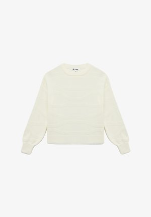 Sudadera blanca corta en un punto texturizado, con patrones ondulados, cuello redondo y mangas largas ligeramente abullonadas.