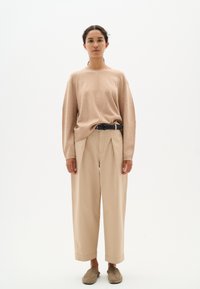 Maglione lavorato a maglia beige, dalla vestibilità ampia, con scollo a girocollo. Abbinato a pantaloni chiari beige plissettati e scarpe grigie slip-on. Design semplice.