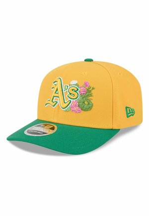 Gelb-grüne Baseballkappe mit dem gestickten "A's"-Logo und Blumen auf der Vorderseite, mit einem grünen New Era-Emblem an der Seite.