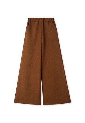Pantaloni a gamba larga in tessuto marrone ricco, con vita elastica e tasche laterali. Tessuto liscio con un design semplice.