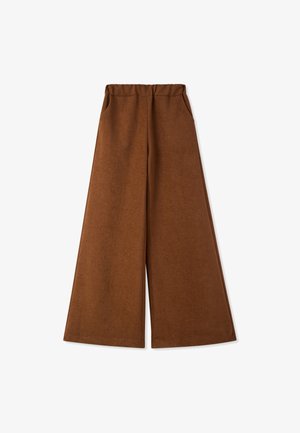 Pantaloni a gamba larga in tessuto marrone ricco, con vita elastica e tasche laterali. Tessuto liscio con un design semplice.