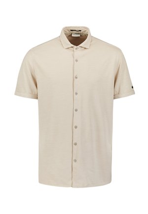 Lichtbeige overhemd met korte mouwen en knoopsluiting, voorzien van een zachte textuur, een standaard kraag en zes knopen aan de voorkant. Eenvoudig ontwerp, geen patronen.