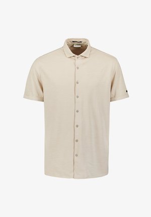 Lichtbeige overhemd met korte mouwen en knoopsluiting, voorzien van een zachte textuur, een standaard kraag en zes knopen aan de voorkant. Eenvoudig ontwerp, geen patronen.