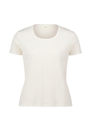 Hvid tekstureret top med korte ærmer, rund halsudskæring, tætsiddende talje og subtilt krøllet stofmønster, vist på ensartet baggrund.