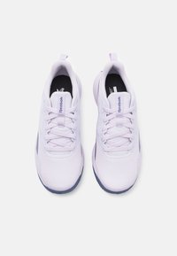 Light purple athletic shoes with a mesh upper, round toe, laces, and pull tab. Features a blue logo and a textured rubber sole.