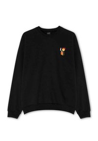 Sudadera negra con cuello redondo y mangas largas. Presenta un pequeño diseño bordado de un encendedor con llamas. Material de algodón suave.
