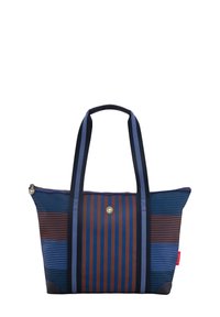 Striped tote bag with dark blue and brown colors, featuring a zip closure, dual handles, and a circular logo detail. Made from durable material.