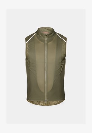 Olive zelena brezrokavna jakna iz lahke teksturirane tkanine, ki ima sprednji zadrgo in odsevne črte ob ramenih.