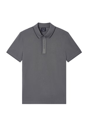 Polo a maniche corte di colore grigio scuro con colletto e patta nascosta che presenta un sottile marchio "Armani Exchange".