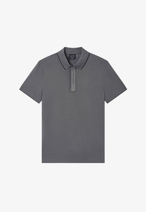 Polo a maniche corte di colore grigio scuro con colletto e patta nascosta che presenta un sottile marchio "Armani Exchange".