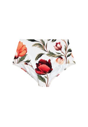 Bas de bikini blanc taille haute avec un grand imprimé floral rouge et orange et des feuilles vertes.