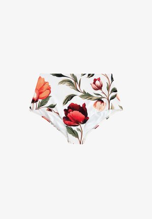 Bas de bikini blanc taille haute avec un grand imprimé floral rouge et orange et des feuilles vertes.