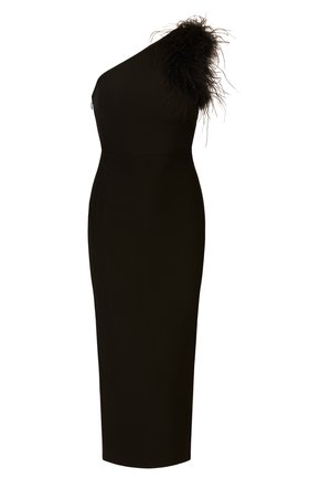 Zwarte midi-jurk met één schouder, voorzien van een textuuraccent van veren aan de linkerkant. Soepele stof met een slim fit silhouet.