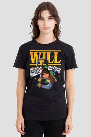 Young woman wearing black Stranger Things t-shirt featuring "Will Zombie Boy" character holding a weapon against a gray background.