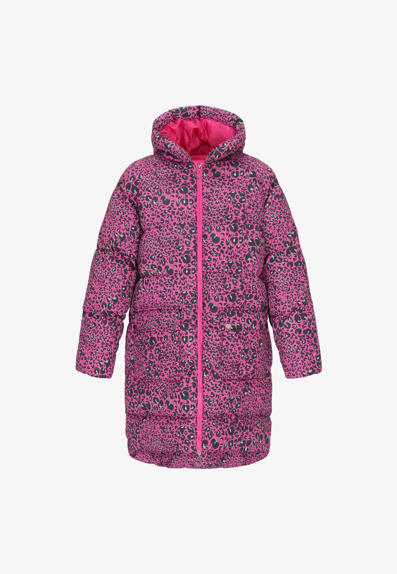 Vatteret vinterjakke i klar pink med sort og grøn leopardprint. Har hætte, lynlåslukning og lange ærmer for varme.