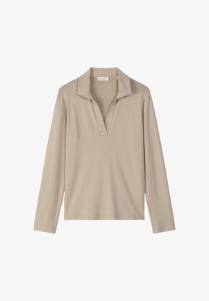 Beige Polohemd mit langen Ärmeln und Kragen, das mit einem tiefen V-Ausschnitt versehen ist. Weicher, glatter Stoff mit einer lässigen Passform und geradem Saum.