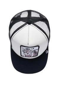 White and black cap with mesh back, featuring an embroidered tiger head patch on the front, rounded visor, and adjustable snapback closure.