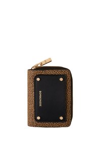 Brown textured leather wallet with black smooth leather panel, gold hardware details, and zip closure. Features logo and four metal studs.