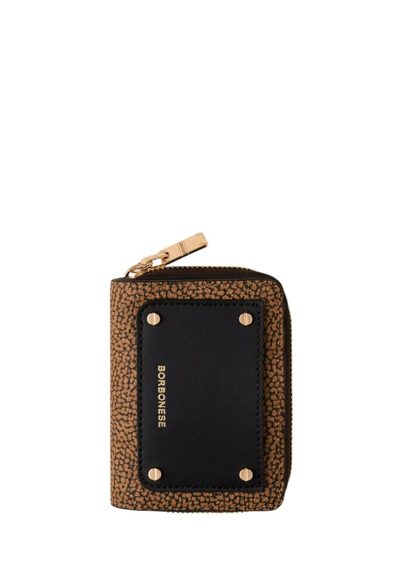 Brown textured leather wallet with black smooth leather panel, gold hardware details, and zip closure. Features logo and four metal studs.
