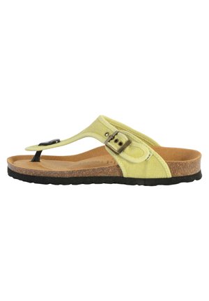 Groene canvas teenslippersandalen met een kurken voetbed, zwarte rubberen zool en een zijgesp voor een verstelbare pasvorm.
