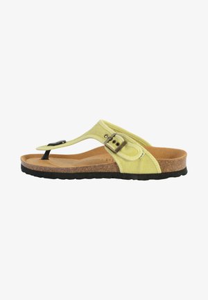 Groene canvas teenslippersandalen met een kurken voetbed, zwarte rubberen zool en een zijgesp voor een verstelbare pasvorm.